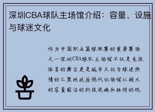 深圳CBA球队主场馆介绍：容量、设施与球迷文化