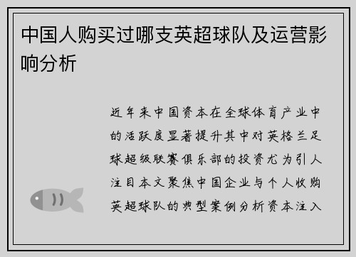 中国人购买过哪支英超球队及运营影响分析