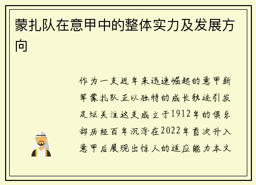 蒙扎队在意甲中的整体实力及发展方向